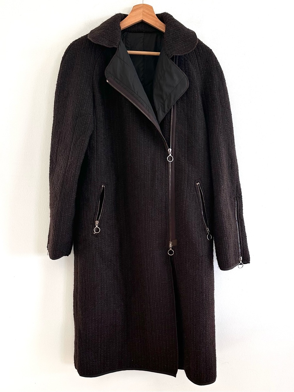 Cesare Fabbri Virgin Wool Coat Made in Italy Brown Moto Trench Style Medium